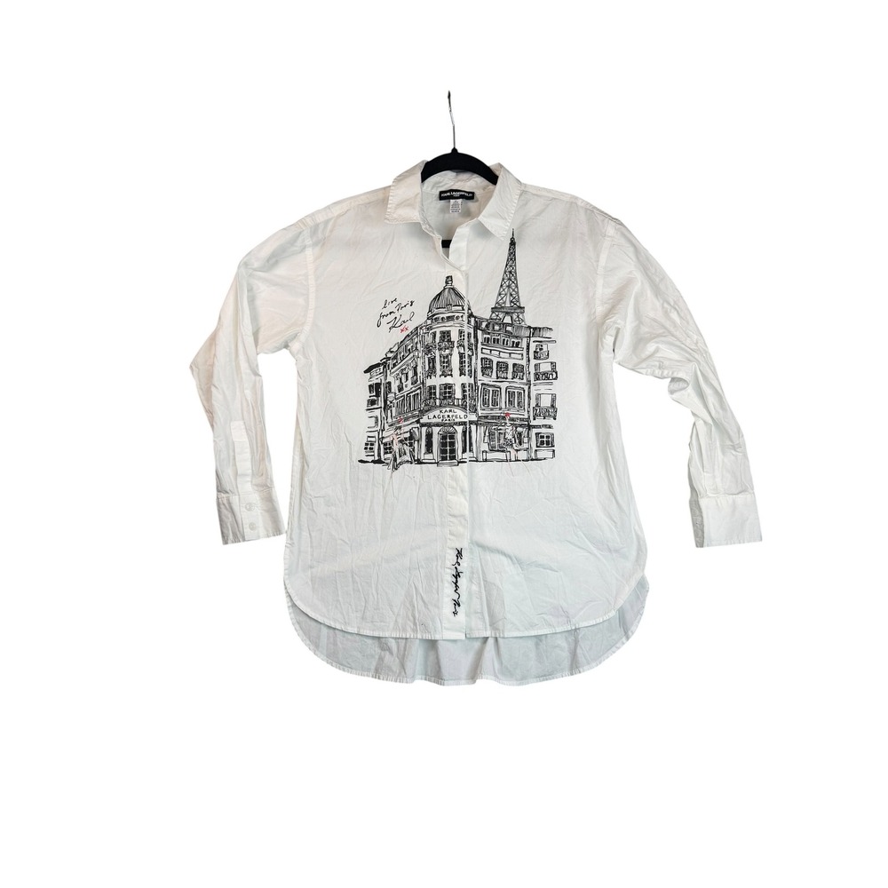 Karl Lagerfeld Paris Womens White Sketch Paris Graphic Button Down Shirt Small